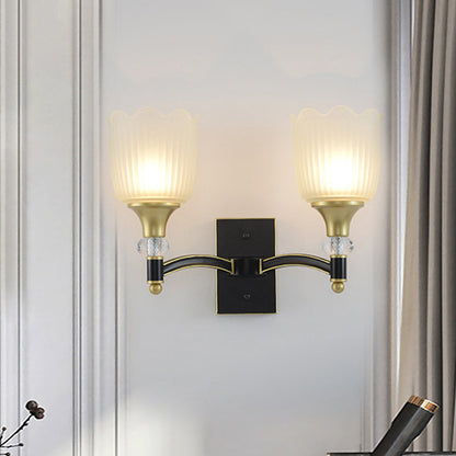 Vivolux | Farmhouse Scalloped Floral Wandverlichting 1/2 Koppen Opal Glas Muurmontage Lamp in Zwart en Goud