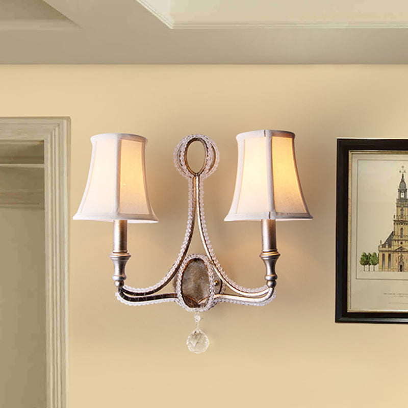 Vivolux | 1/2-Bulb Wandverlichting Ideeën Rustieke Geplankte Bel Stof Wandlamp in Beige/Verouderd Zilver met Kristallen Druppel