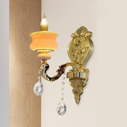 Vivolux | 1/2-Bulb Candelabra Wandlamp Traditionalisme Goud Jade Muur Lamp met Kristal Hangertje