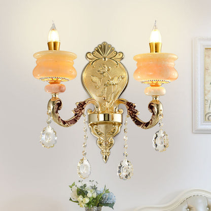 Vivolux | 1/2-Bulb Candelabra Wandlamp Traditionalisme Goud Jade Muur Lamp met Kristal Hangertje