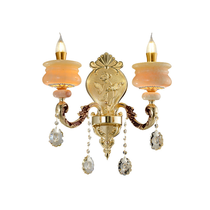 Vivolux | 1/2-Bulb Candelabra Wandlamp Traditionalisme Goud Jade Muur Lamp met Kristal Hangertje