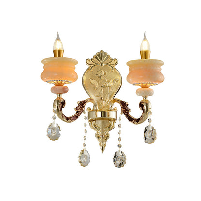 Vivolux | 1/2-Bulb Candelabra Wandlamp Traditionalisme Goud Jade Muur Lamp met Kristal Hangertje