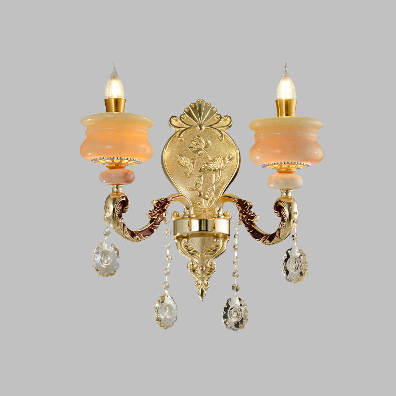 Vivolux | 1/2-Bulb Candelabra Wandlamp Traditionalisme Goud Jade Muur Lamp met Kristal Hangertje