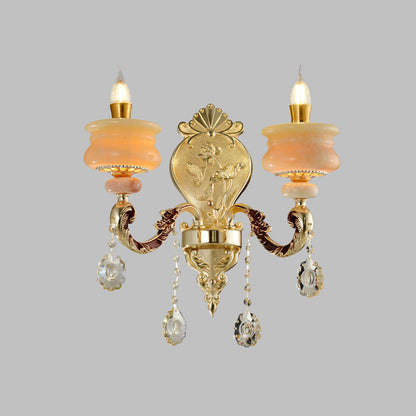 Vivolux | 1/2-Bulb Candelabra Wandlamp Traditionalisme Goud Jade Muur Lamp met Kristal Hangertje