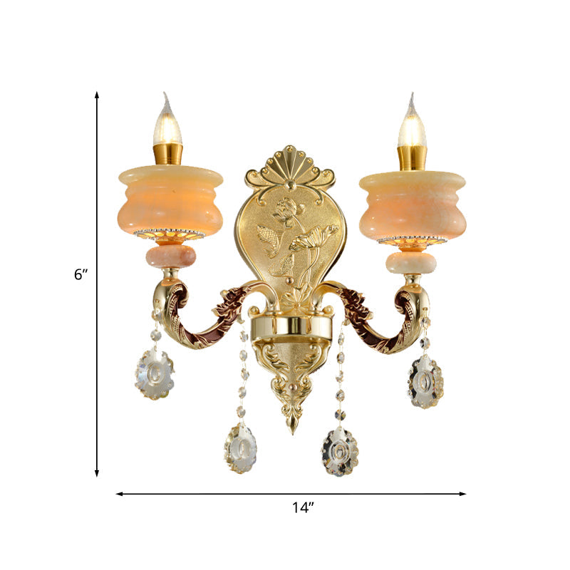 Vivolux | 1/2-Bulb Candelabra Wandlamp Traditionalisme Goud Jade Muur Lamp met Kristal Hangertje