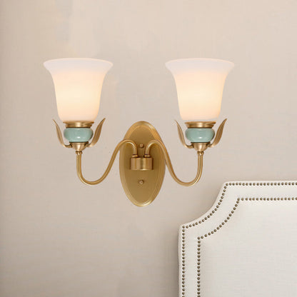 Vivolux | 1/2-Head Wandverlichting Vintage Slaapkamer Wandgemonteerde Lamp Fixture met Bel Witte Opale Glas Shade in Goud