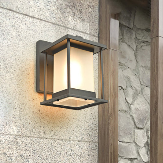Vivolux | Witte glazen rechthoekige wandlamp rustiek 1-lamp wandverlichting voor buiten in koffie/zwart met metalen frame