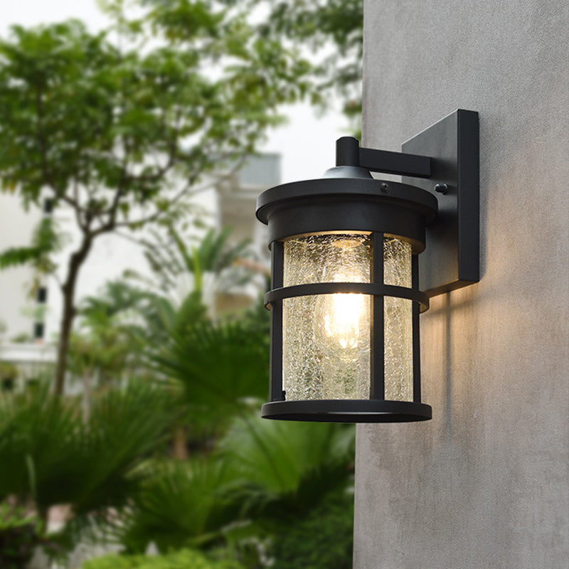 Vivolux | Crackle Glass Zwarte Wandlamp Cilindrisch 1 Lamp Plattelands Wandverlichting met Metalen Frame