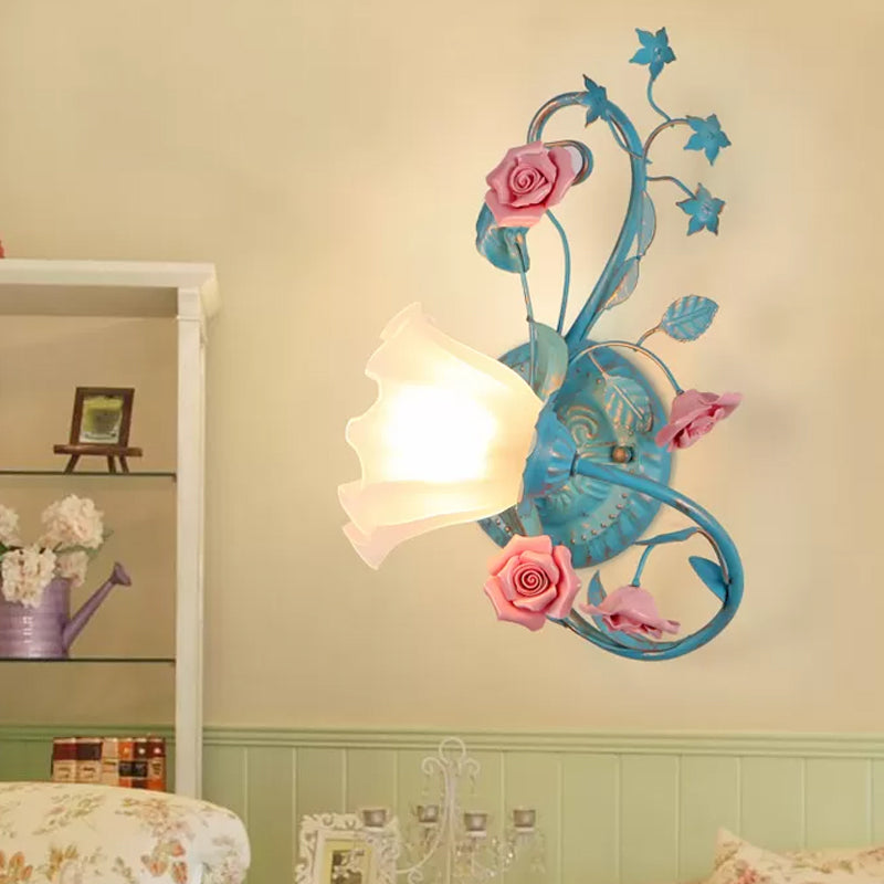 Vivolux | Eenzijdige Opal Matte Glazen Wandlamp Pastorale Blauw-Roze/Blauw-Wit Scroll Flower Hoek Wandlamp, Links/Rechts