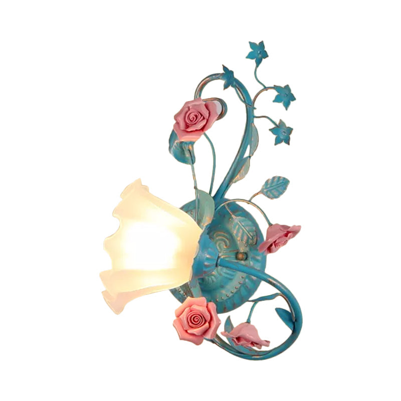 Vivolux | Eenzijdige Opal Matte Glazen Wandlamp Pastorale Blauw-Roze/Blauw-Wit Scroll Flower Hoek Wandlamp, Links/Rechts