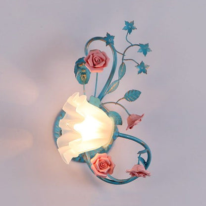 Vivolux | Eenzijdige Opal Matte Glazen Wandlamp Pastorale Blauw-Roze/Blauw-Wit Scroll Flower Hoek Wandlamp, Links/Rechts