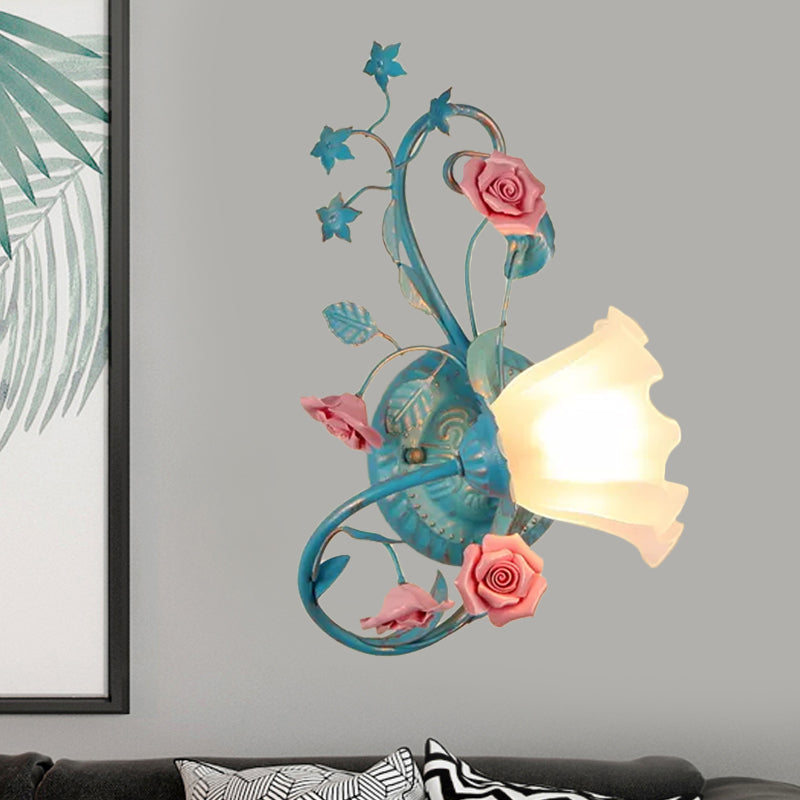 Vivolux | Eenzijdige Opal Matte Glazen Wandlamp Pastorale Blauw-Roze/Blauw-Wit Scroll Flower Hoek Wandlamp, Links/Rechts