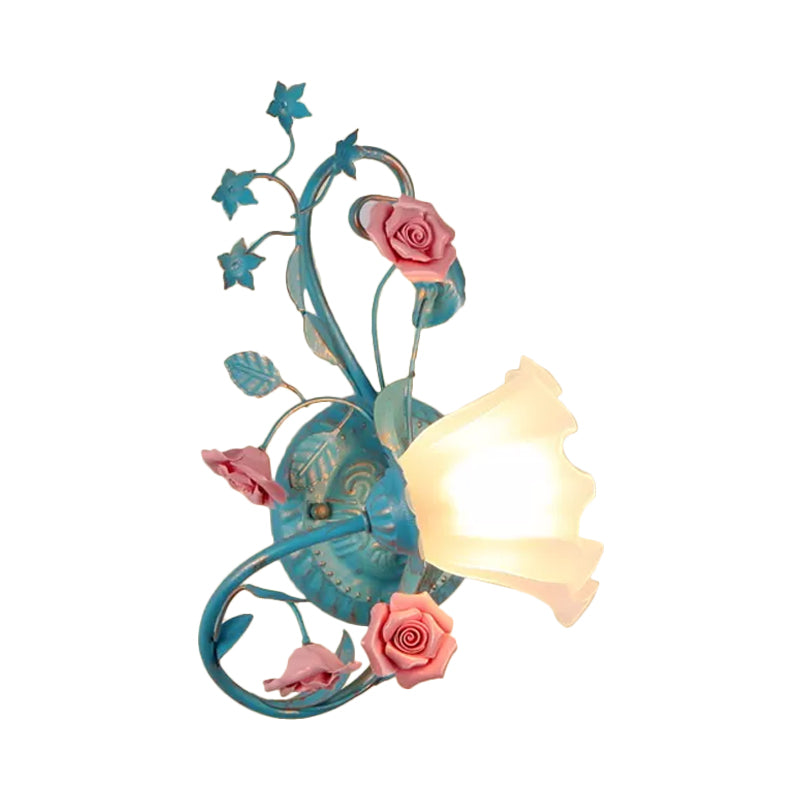 Vivolux | Eenzijdige Opal Matte Glazen Wandlamp Pastorale Blauw-Roze/Blauw-Wit Scroll Flower Hoek Wandlamp, Links/Rechts