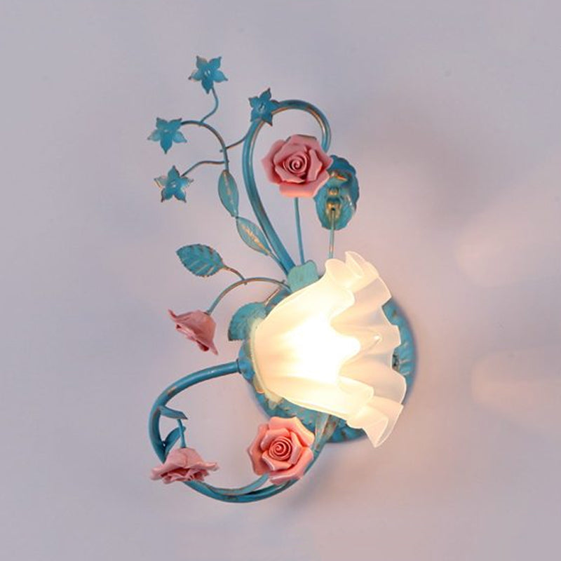 Vivolux | Eenzijdige Opal Matte Glazen Wandlamp Pastorale Blauw-Roze/Blauw-Wit Scroll Flower Hoek Wandlamp, Links/Rechts