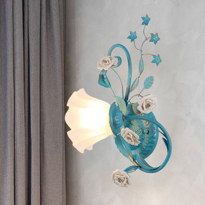 Vivolux | Eenzijdige Opal Matte Glazen Wandlamp Pastorale Blauw-Roze/Blauw-Wit Scroll Flower Hoek Wandlamp, Links/Rechts