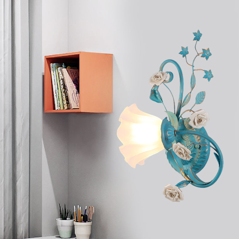 Vivolux | Eenzijdige Opal Matte Glazen Wandlamp Pastorale Blauw-Roze/Blauw-Wit Scroll Flower Hoek Wandlamp, Links/Rechts