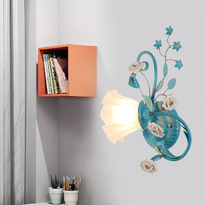 Vivolux | Eenzijdige Opal Matte Glazen Wandlamp Pastorale Blauw-Roze/Blauw-Wit Scroll Flower Hoek Wandlamp, Links/Rechts