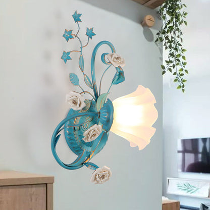 Vivolux | Eenzijdige Opal Matte Glazen Wandlamp Pastorale Blauw-Roze/Blauw-Wit Scroll Flower Hoek Wandlamp, Links/Rechts