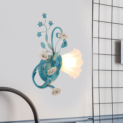 Vivolux | Eenzijdige Opal Matte Glazen Wandlamp Pastorale Blauw-Roze/Blauw-Wit Scroll Flower Hoek Wandlamp, Links/Rechts