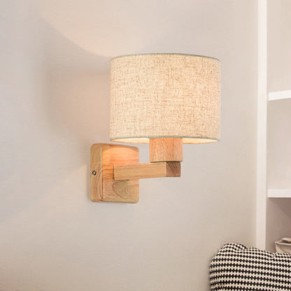 Vivolux | Drum Schlafzimmer Wandlampe Leuchte Stoff 1-Licht Asiatischer Stil Wandmontage Beleuchtung mit Holzarm