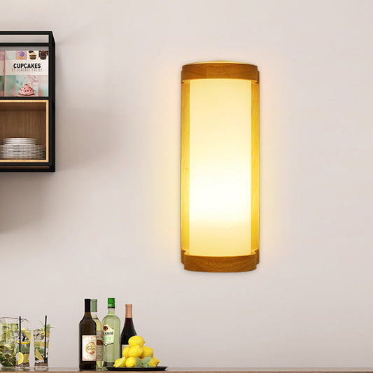 Vivolux | Zylinder Creme Glas Wandleuchte Japanischer Stil 1 Licht Holz Wandlampe Fixture für Ecke