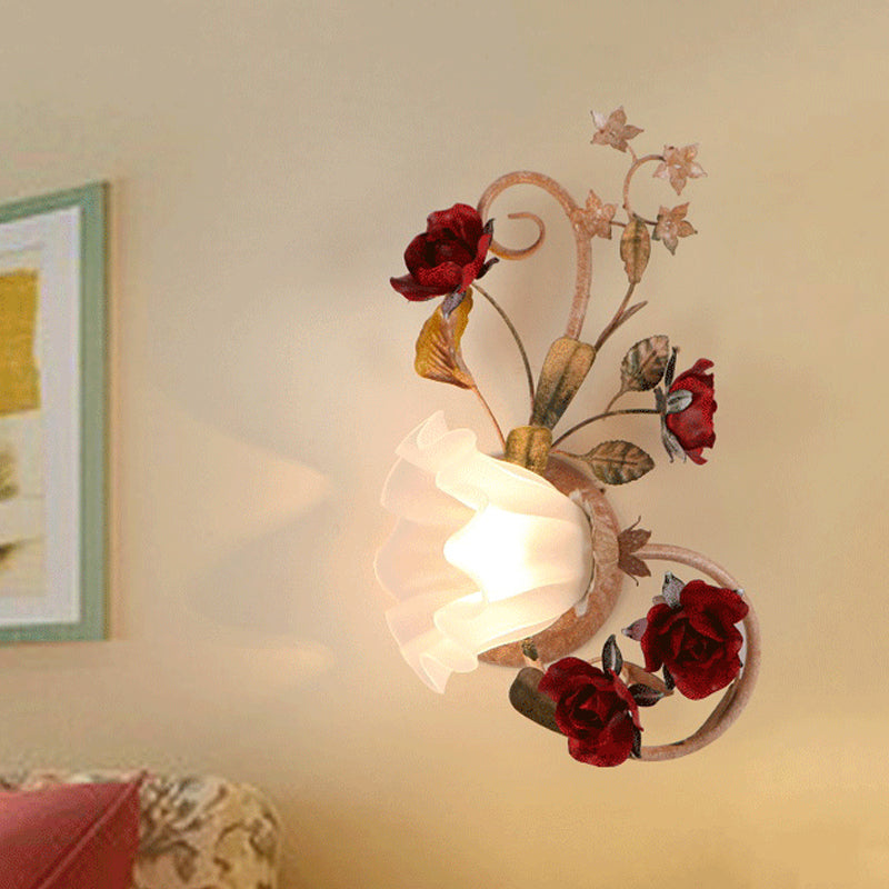 Vivolux | 1 Glühbirne Blumen Wandlampe Amerikanische Blume Rot Braun Mattiertes Weißes Glas Wandleuchte, Links/Rechts