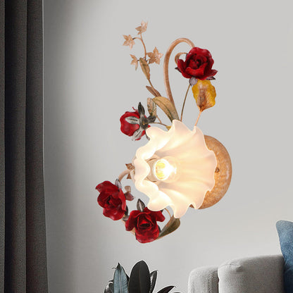 Vivolux | 1 Glühbirne Blumen Wandlampe Amerikanische Blume Rot Braun Mattiertes Weißes Glas Wandleuchte, Links/Rechts