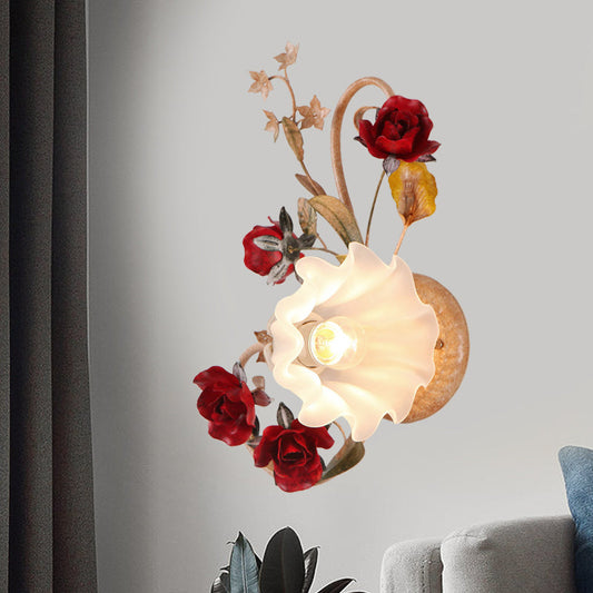 Vivolux | 1 Glühbirne Blumen Wandlampe Amerikanische Blume Rot Braun Mattiertes Weißes Glas Wandleuchte, Links/Rechts