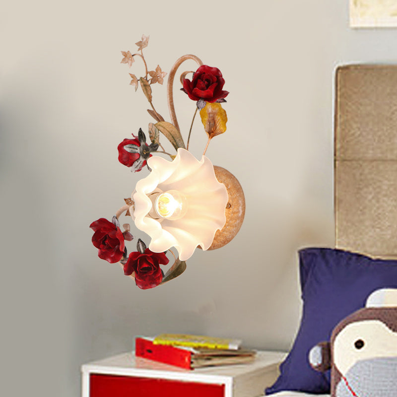 Vivolux | 1 Glühbirne Blumen Wandlampe Amerikanische Blume Rot Braun Mattiertes Weißes Glas Wandleuchte, Links/Rechts