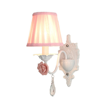 Vivolux | 1/2-Head Geplooide Stof Wandverlichting Pastorale Roze/Blauw Gevlochten Rand Bedlamp met Rozen Decor