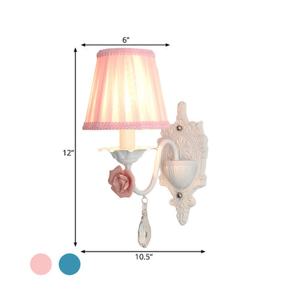 Vivolux | 1/2-Head Geplooide Stof Wandverlichting Pastorale Roze/Blauw Gevlochten Rand Bedlamp met Rozen Decor