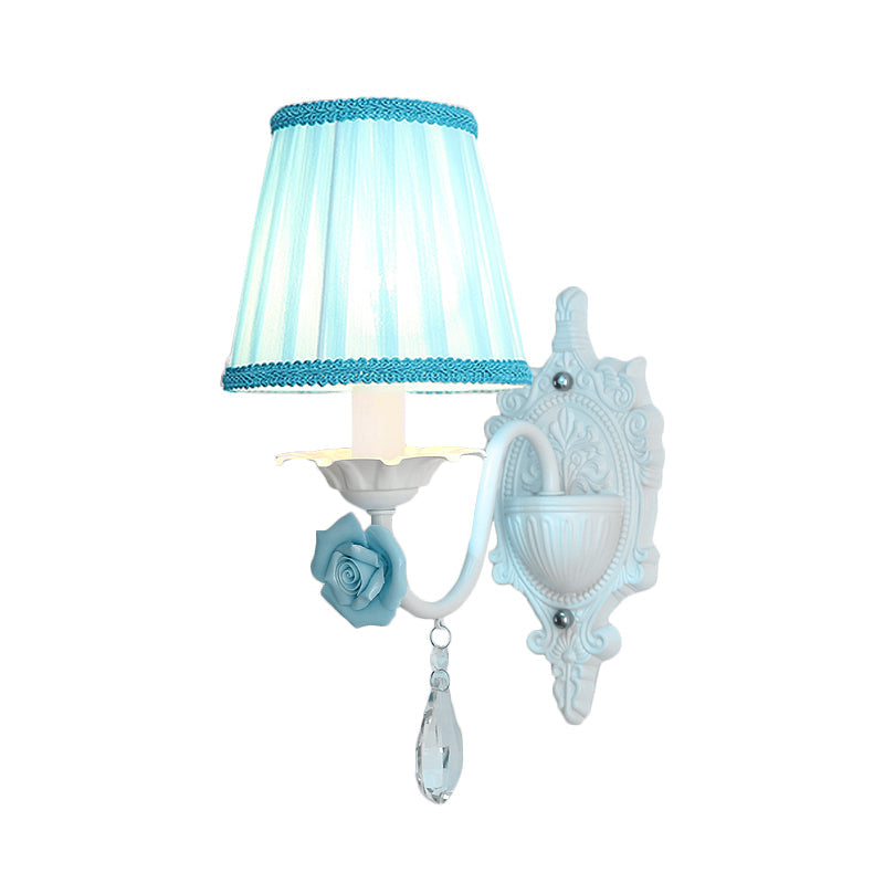 Vivolux | 1/2-Head Geplooide Stof Wandverlichting Pastorale Roze/Blauw Gevlochten Rand Bedlamp met Rozen Decor