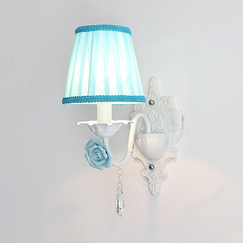 Vivolux | 1/2-Head Geplooide Stof Wandverlichting Pastorale Roze/Blauw Gevlochten Rand Bedlamp met Rozen Decor
