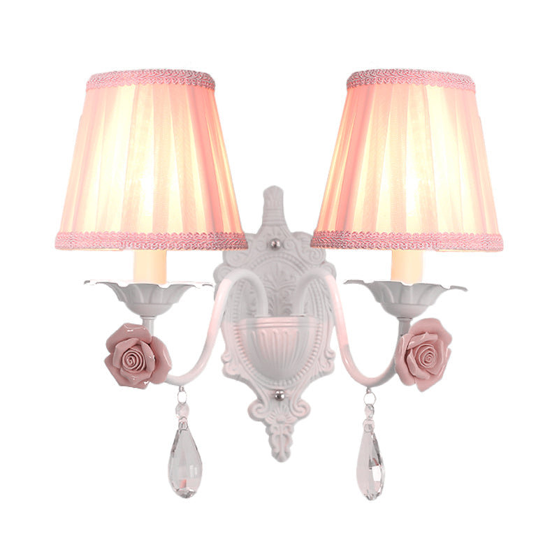 Vivolux | 1/2-Head Geplooide Stof Wandverlichting Pastorale Roze/Blauw Gevlochten Rand Bedlamp met Rozen Decor
