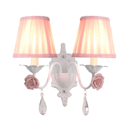 Vivolux | 1/2-Head Geplooide Stof Wandverlichting Pastorale Roze/Blauw Gevlochten Rand Bedlamp met Rozen Decor