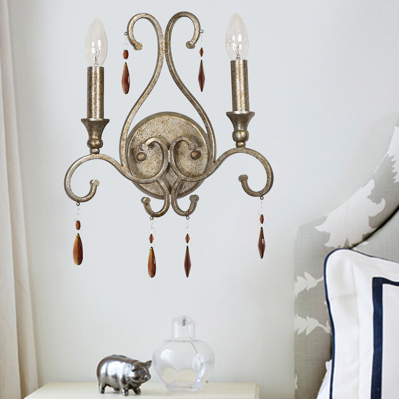 Vivolux | Alter Silber 2-Kopf Wandlampe Rustikales Bernstein Kristall Kerzenhalter Wandleuchte