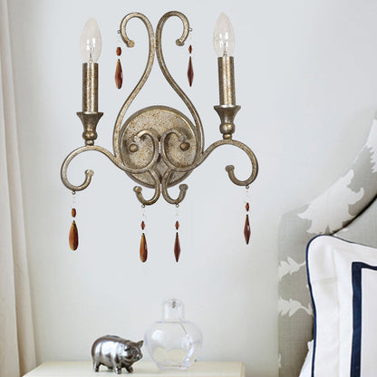 Vivolux | Alter Silber 2-Kopf Wandlampe Rustikales Bernstein Kristall Kerzenhalter Wandleuchte