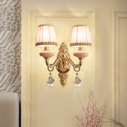 Vivolux | Stof Roze Wandlamp Cone 1/2-Bol Landelijke Wandlamp Verlichtingsarmatuur met Helime Kristal Druppel