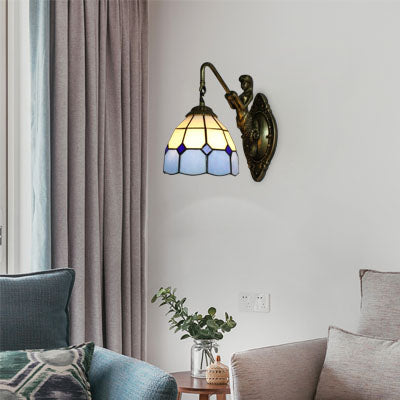 Vivolux | 1 Kopf Wandmontage Licht Tiffany Gittermuster Weiß und Blau Glas Wandlampe Leuchte