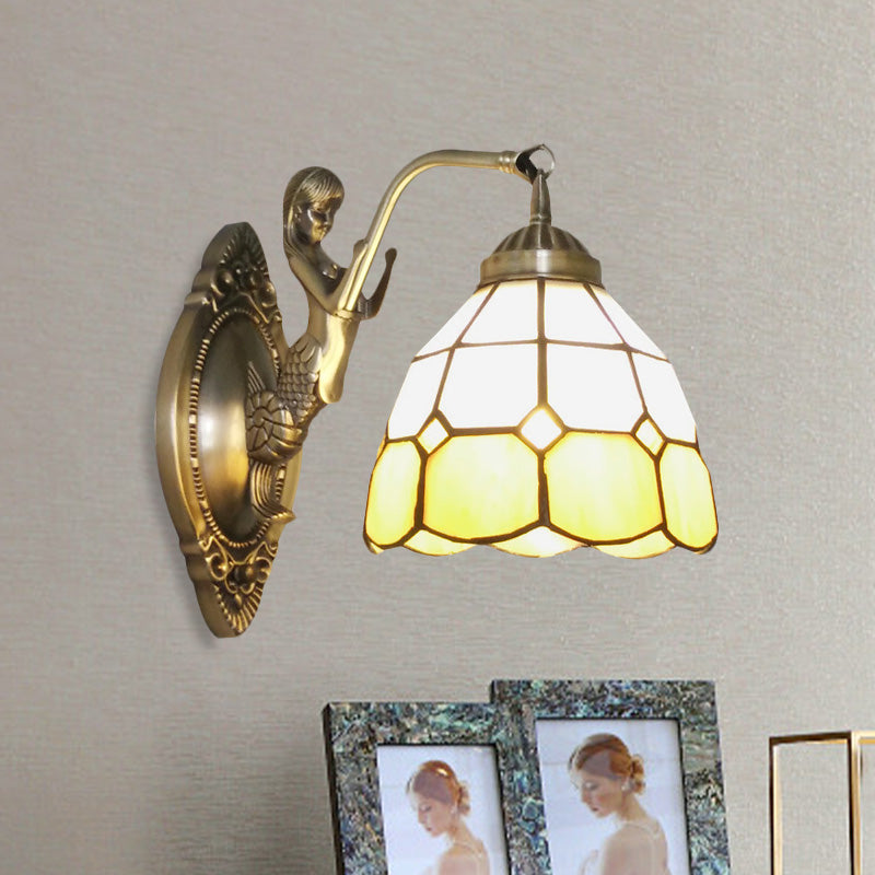 Vivolux | 1 Bulb Woonkamer Wand Gemonteerde Licht Barok Brons Zeemeermin Wandlamp met Raster Koepel Donker/Richtersky Blauw en Witte Glazen Schaduw