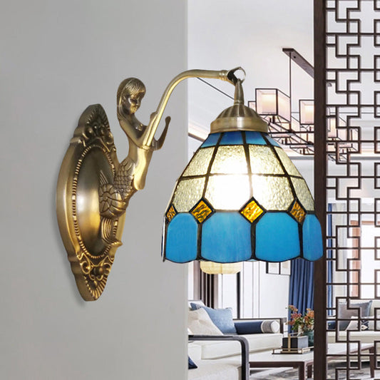 Vivolux | 1 Bulb Woonkamer Wand Gemonteerde Licht Barok Brons Zeemeermin Wandlamp met Raster Koepel Donker/Richtersky Blauw en Witte Glazen Schaduw