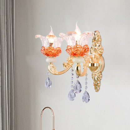 Vivolux | Klassische Kerzenständer Wandlampe 2 Lichter Kristall Wandlicht mit geschnitztem Arm und Rückplatte in Pink/Gelb/Orange