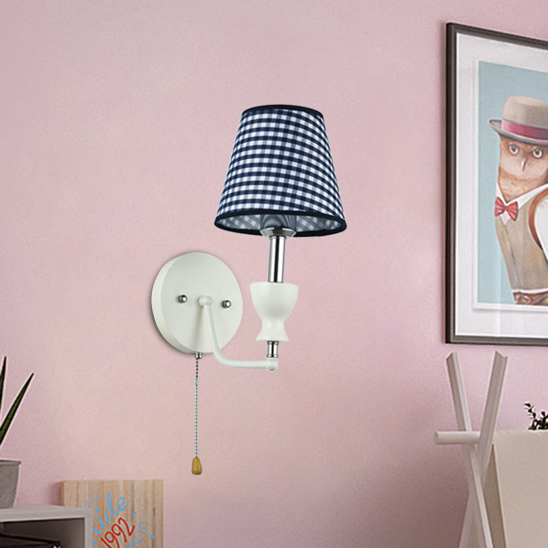 Vivolux | Modernism Barrel Wandleuchte Stoff 1-Kopf Schlafzimmer Wandlicht in Dunkelblau mit Zugkette