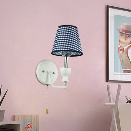 Vivolux | Modernism Barrel Wandleuchte Stoff 1-Kopf Schlafzimmer Wandlicht in Dunkelblau mit Zugkette