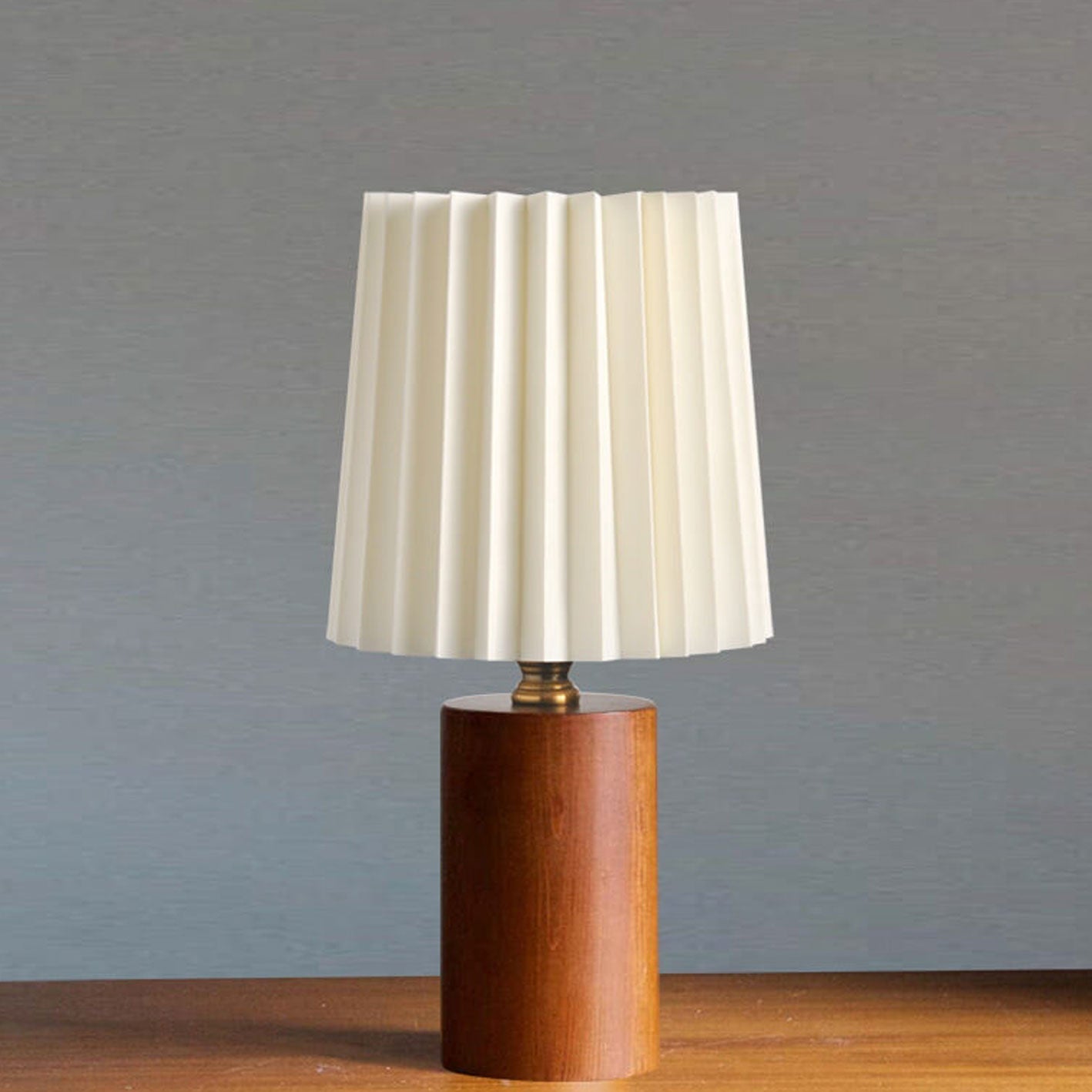 Vivolux | Vintage Korean Plissee Säule Massivholz Basis 1-Licht Tischlampe