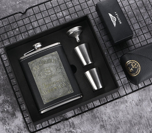 Vivolux | 8oz Whisky-Flasche aus Edelstahl Alkohol-Trichter Hüftflasche Bestickte Goldene Seidenstoff Verpackung Geschenk-Box Set
