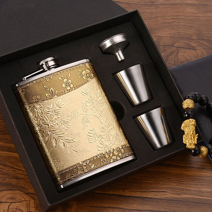 Vivolux | 8oz Whisky-Flasche aus Edelstahl Alkohol-Trichter Hüftflasche Bestickte Goldene Seidenstoff Verpackung Geschenk-Box Set