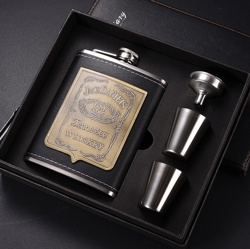 Vivolux | 8oz Whisky-Flasche aus Edelstahl Alkohol-Trichter Hüftflasche Bestickte Goldene Seidenstoff Verpackung Geschenk-Box Set