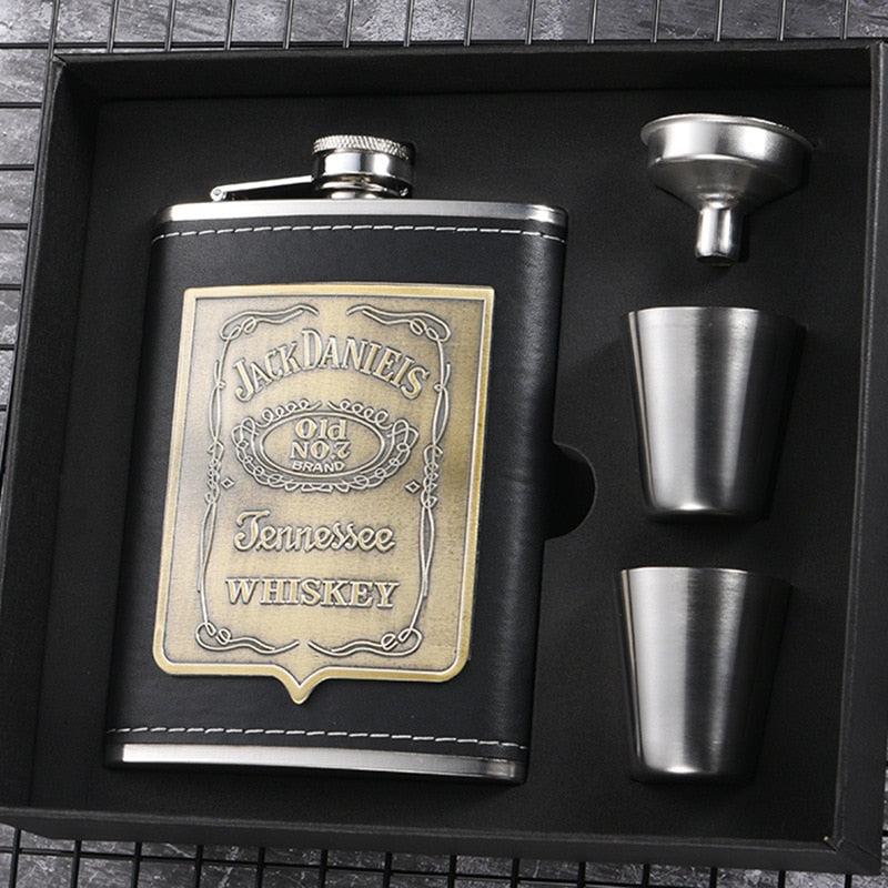 Vivolux | 8oz Whisky-Flasche aus Edelstahl Alkohol-Trichter Hüftflasche Bestickte Goldene Seidenstoff Verpackung Geschenk-Box Set