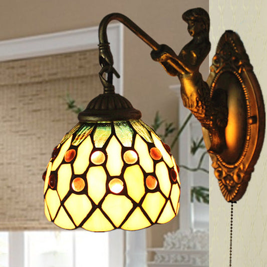 Vivolux | 1 Kopf Wandlicht Vorrichtung Tiffany Kuppel Beige Glas Sconce Beleuchtung mit Zugkettenschalter